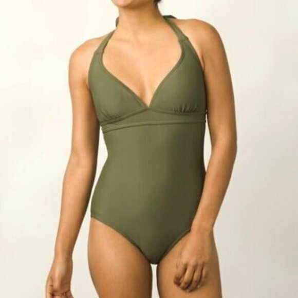 PRANA Lahari Cargo Green Olive One Piece Halter Swimsuit Swimwear sz S NWOT - Picture 1 of 12